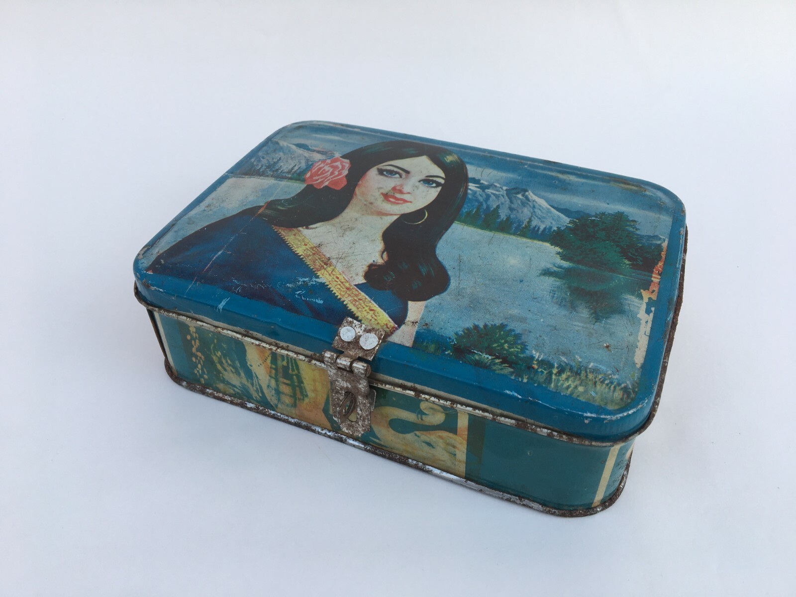Vintage Advertising Iron Tin Box Lady Litho Print India Collectible
