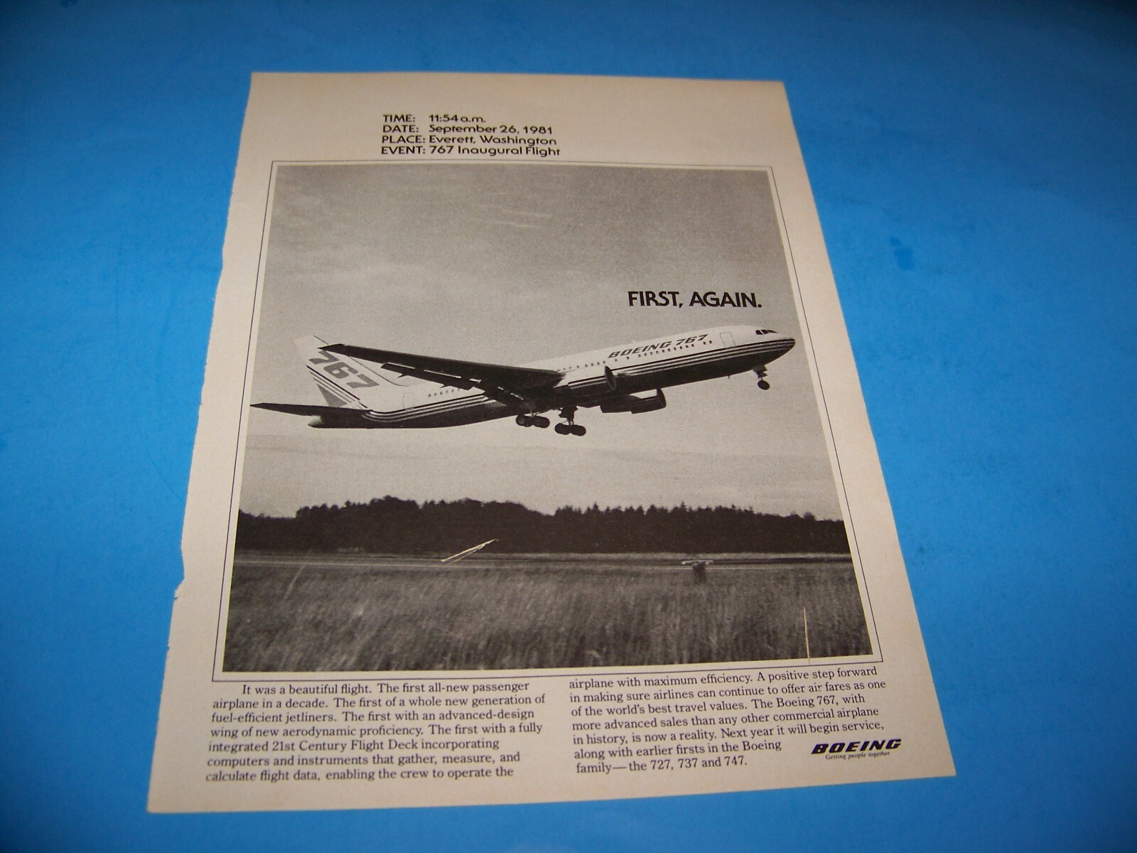 Boeing 767 Inaugural Flight Original Print Ad from Magazine Vintage 1981