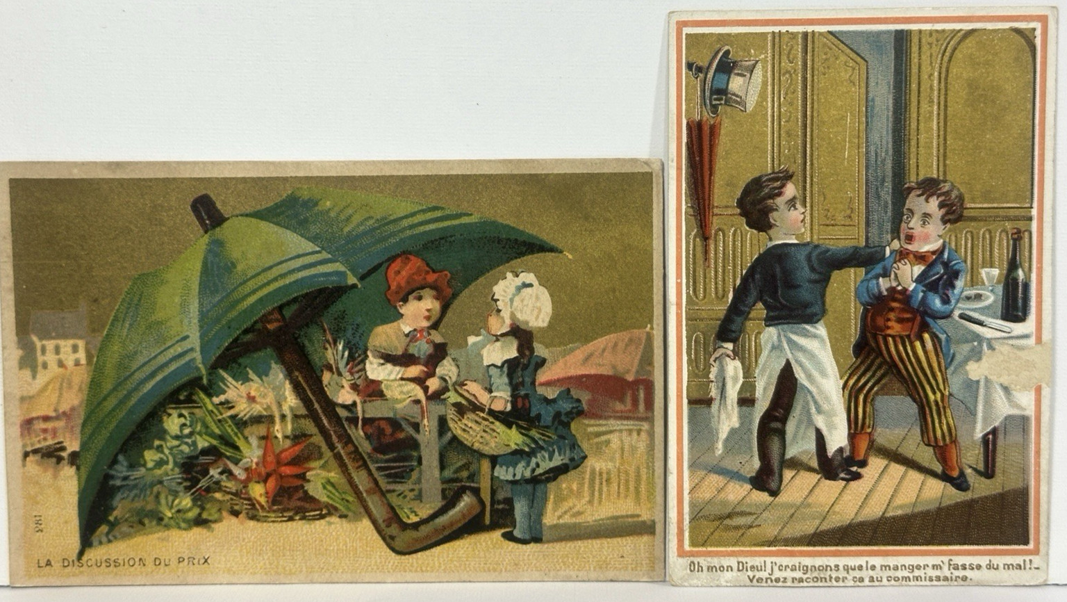 French Victorian Trade Card Big Umbrella Cafe Waiter Chicoree Textiles Lot 2
