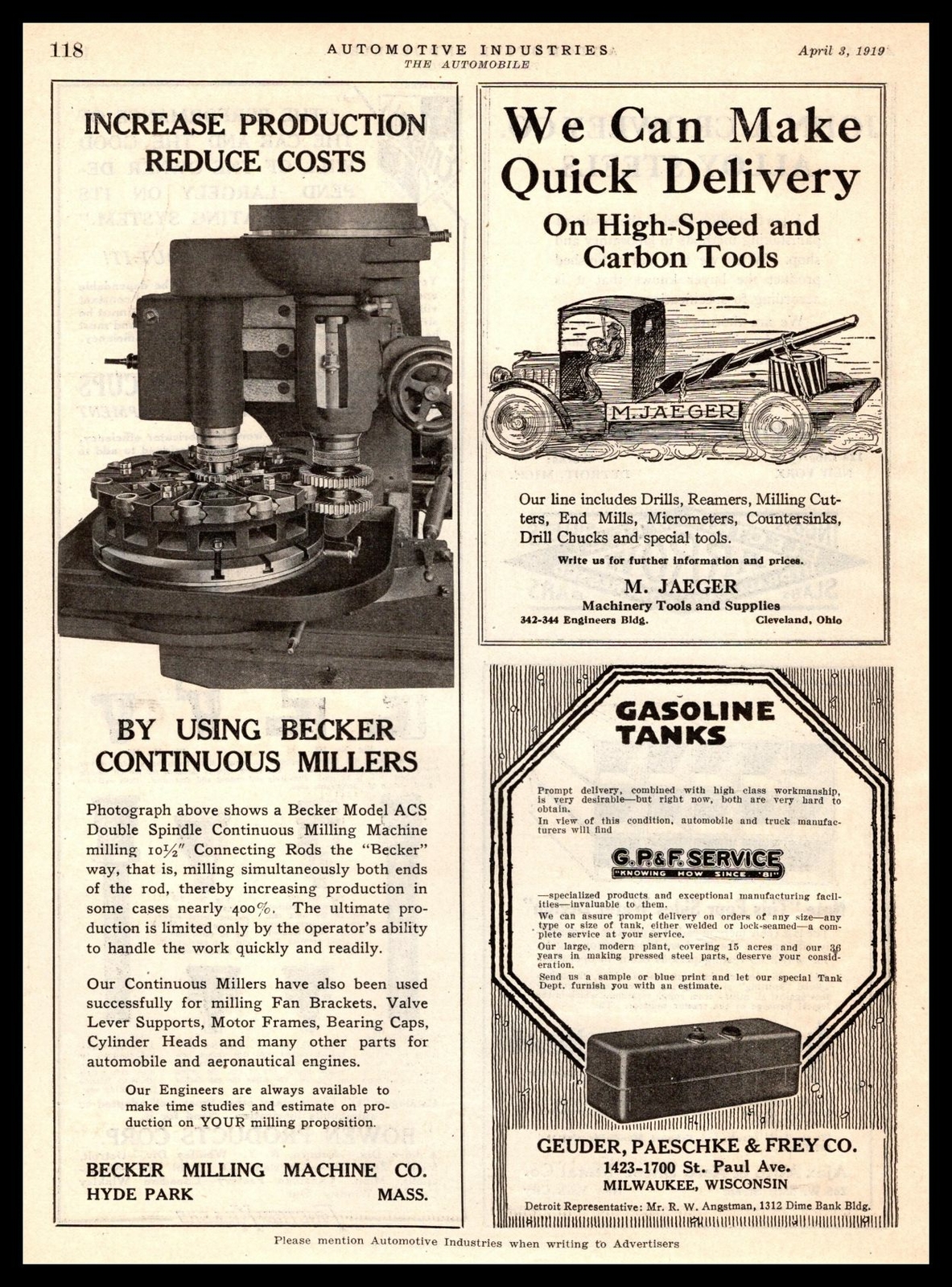 1919 Becker Milling Machine Co. Hyde Park MA & M. Jaeger Cleveland Ohio Print Ad