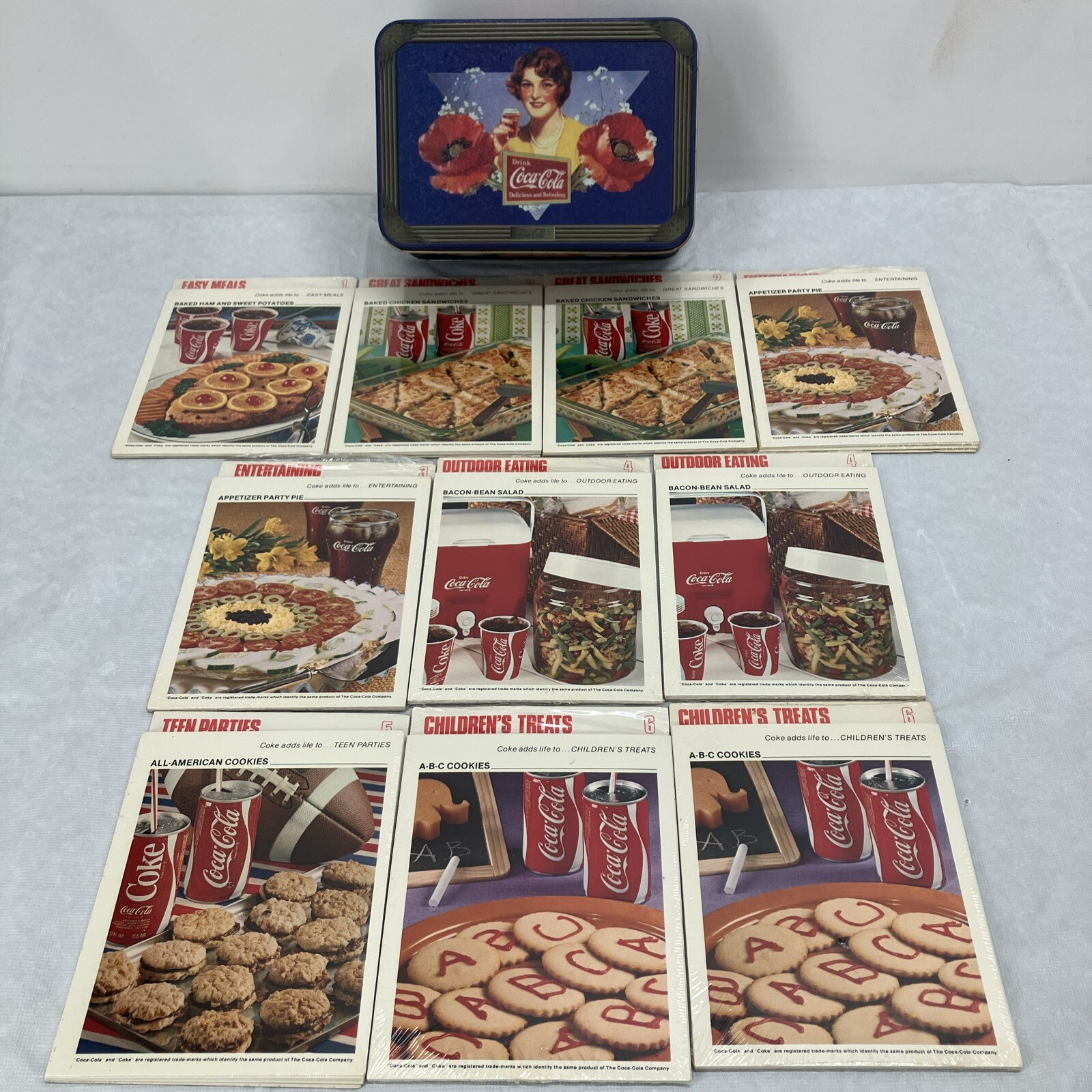 Vtg-Coca Cola Tin 1940s Reproduction poppies Storage Box w/ Sealed Recipe Cards
