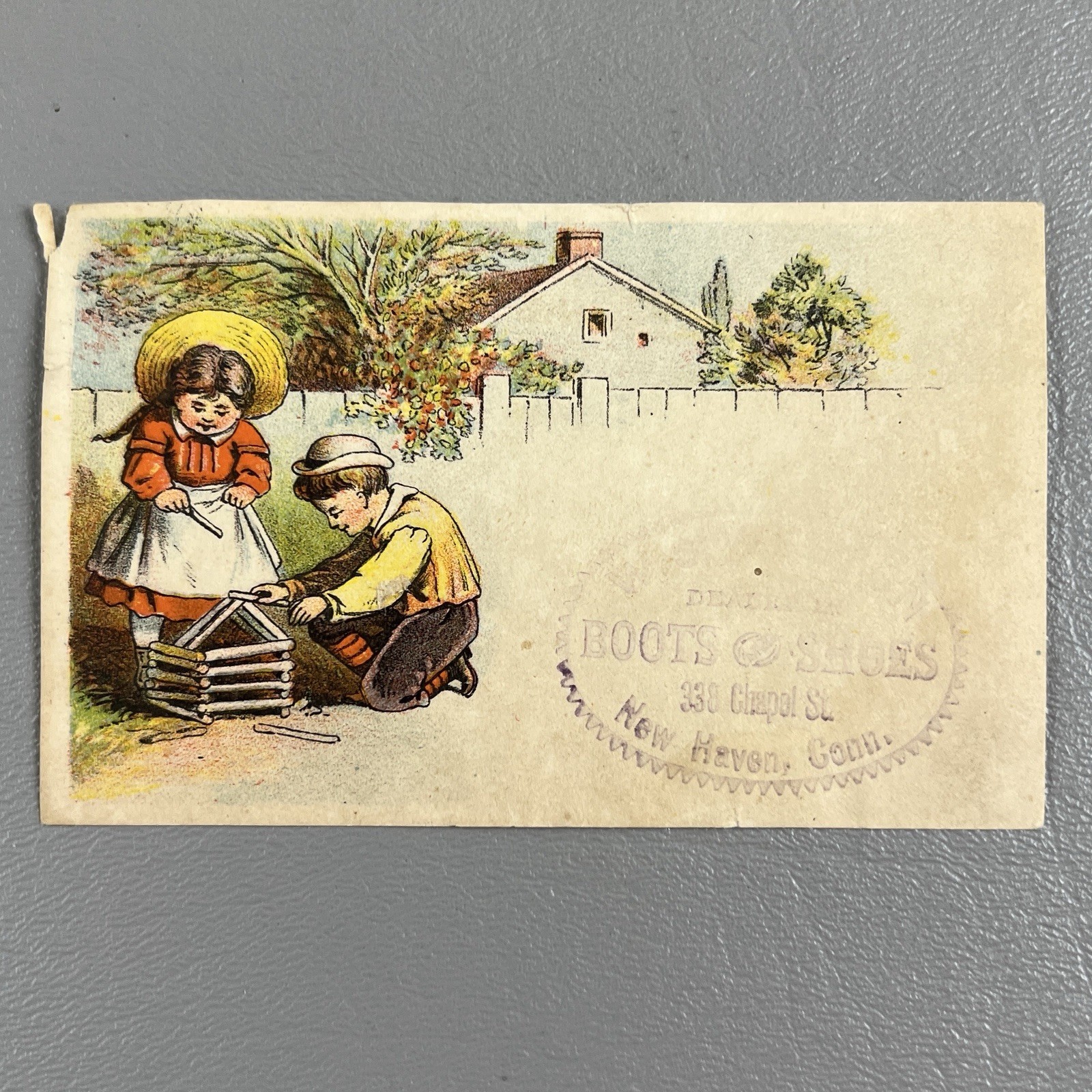 Victorian Trade Card Children Playing Boots & Shoes New Haven Conn 2.5×4″