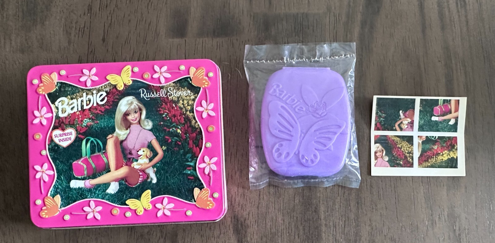 Vintage Barbie Russell Stover Candy Tin w/ Purple Compact & Stickers 1997 Mattel