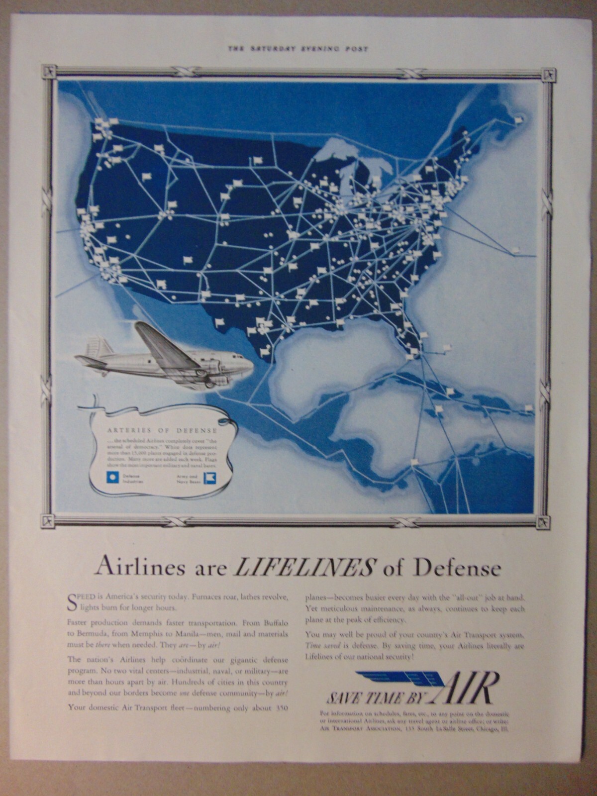 1941 AIRLINES USA FLIGHT MAP Save Time By AIR vintage art print ad