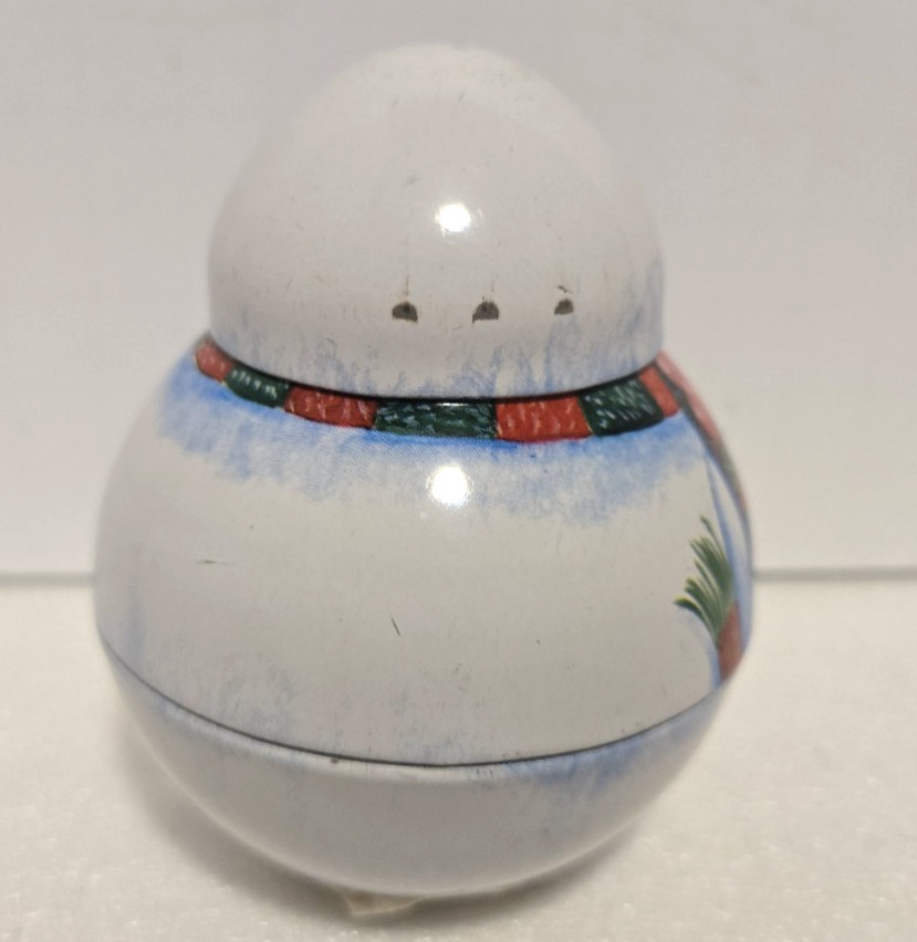 Multicolor Roly Poly Tin Snowman 3 1/2″ Tall. The Tin Box Company of America