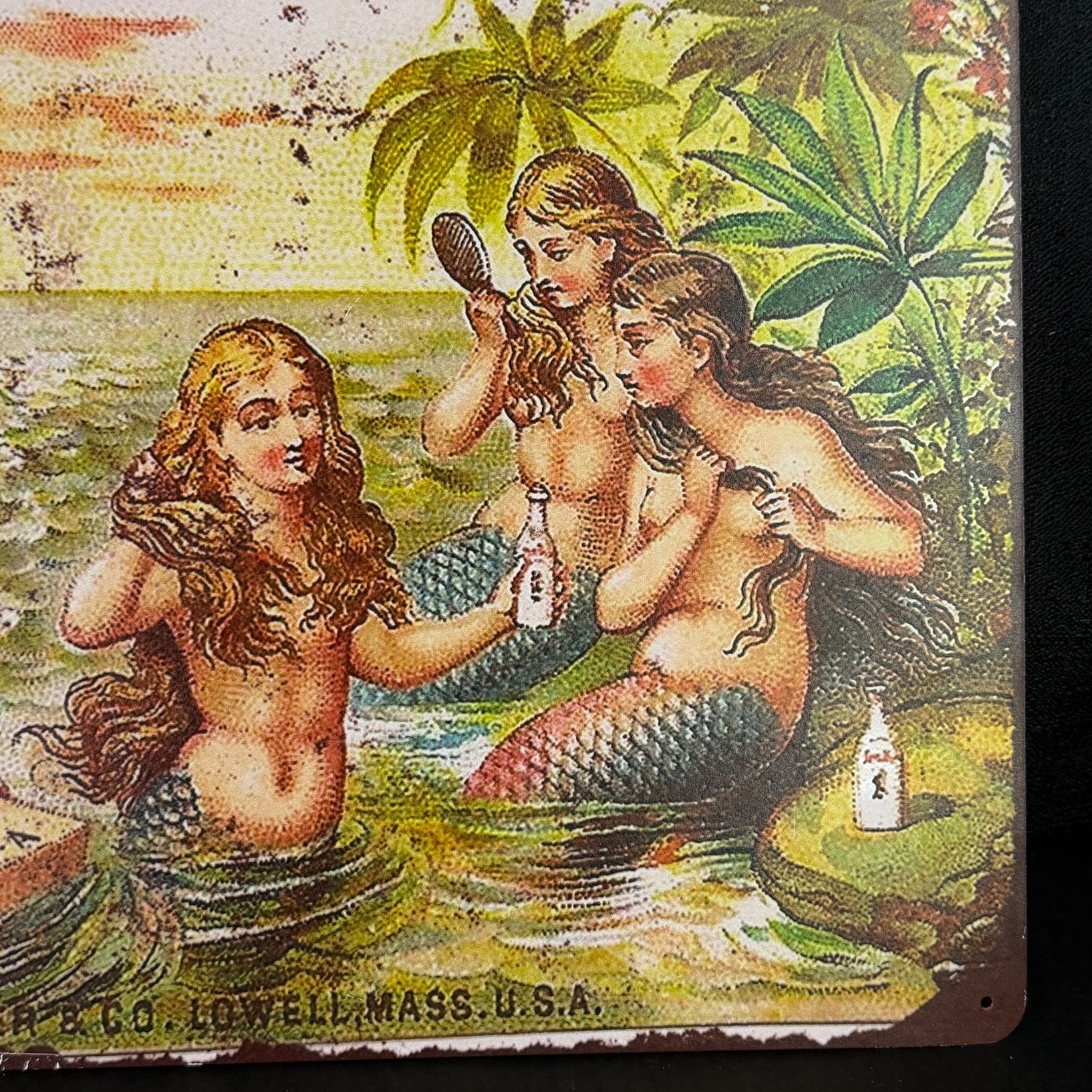 Tin Metal Sign Reproduction AYER’s HAIR VIGOR Lowell MA Mermaids 17 5/8″L