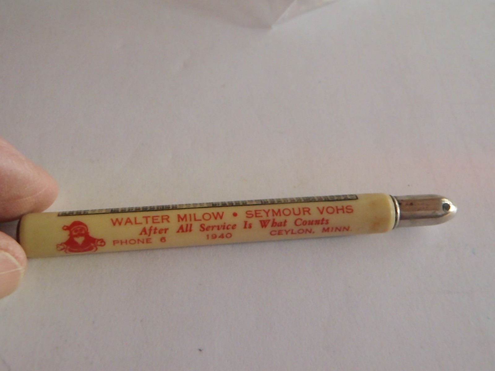 VTG CEYLON Minnesota Advertising Bullet Pencil CHRISTMAS SOUVENIR 1940 MILOW VOH