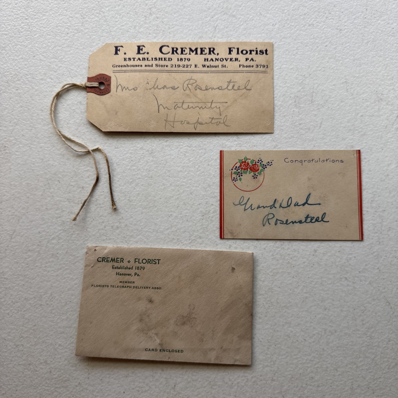 F. E. Cremer Florist Hanover, Pennsylvania Mailing Card And Gift Tag Advertising