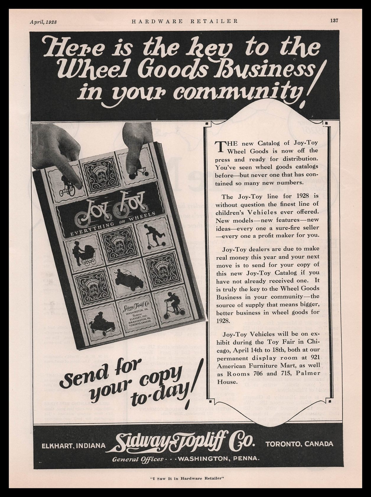 1928 Sidway Topliff Elkhart Illinois Joy Toy Wheel Goods Catalog Offer Print Ad