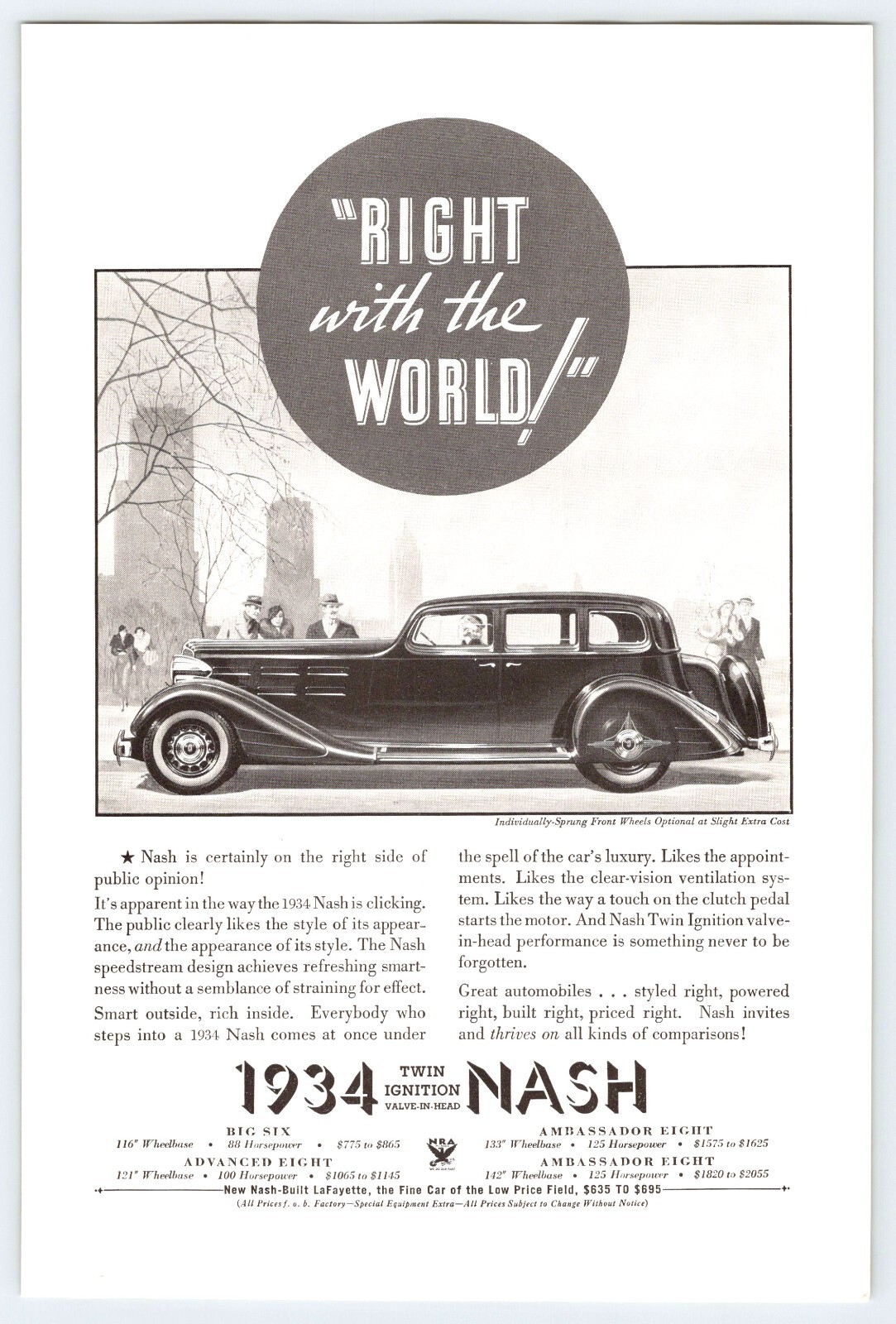 1934 NAS CAR AUTOMOBILE 1930’s Vintage 6.5″X10″ Magazine Ad M567