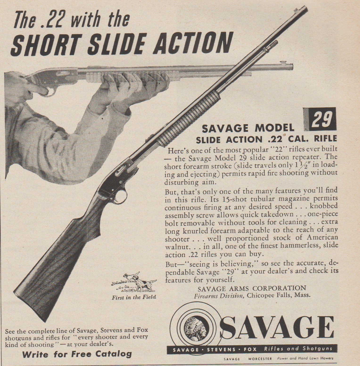 1950 Savage Arms – Model 29 Slide Action .22 Rifle – Magazine Print Ad Photo Art