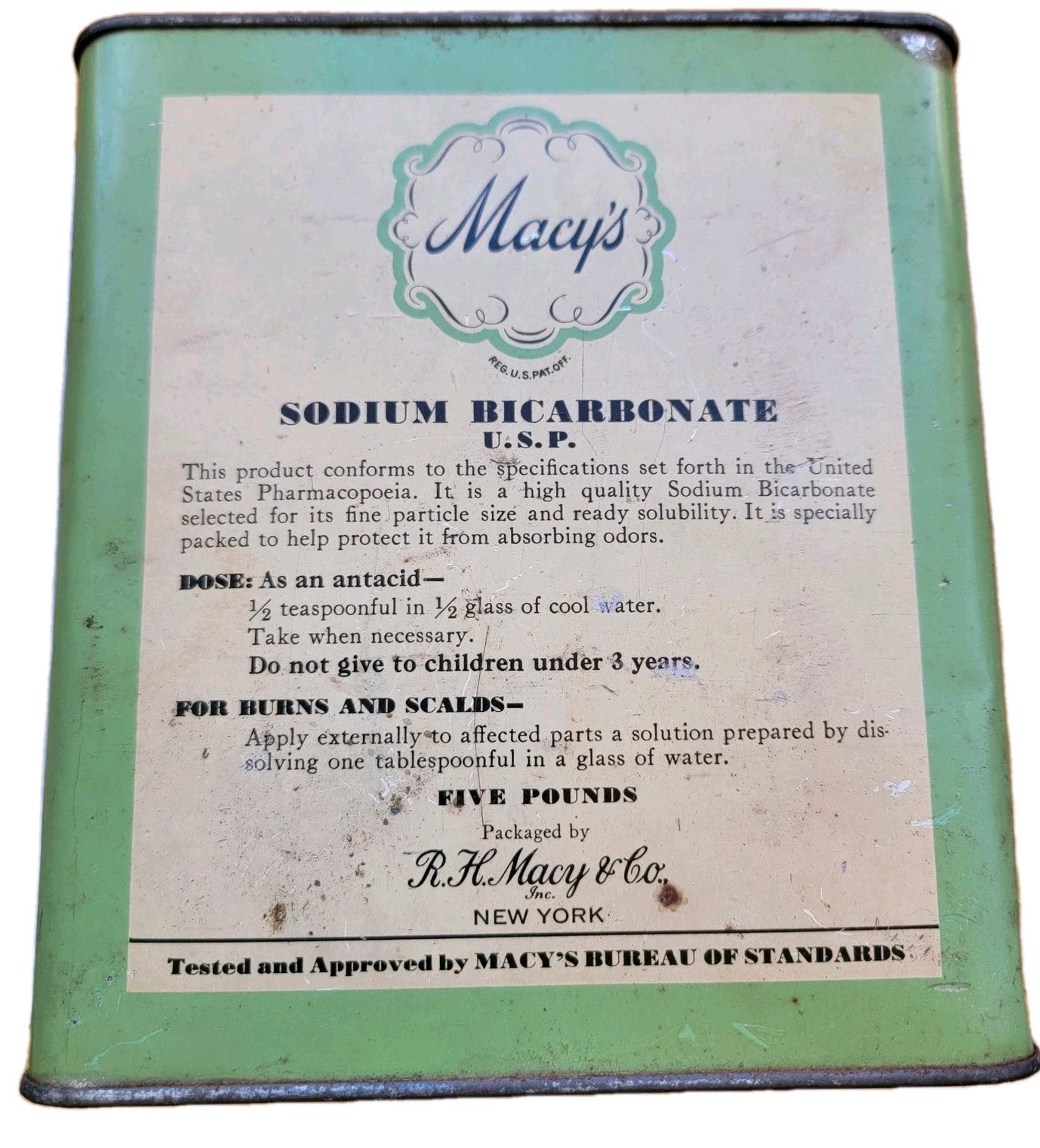 Vintage Macy’s TIN Sodium Bicarbonate U.S.P. 5 lbs Green 7″ L x 6 ” W KIT Antiqu