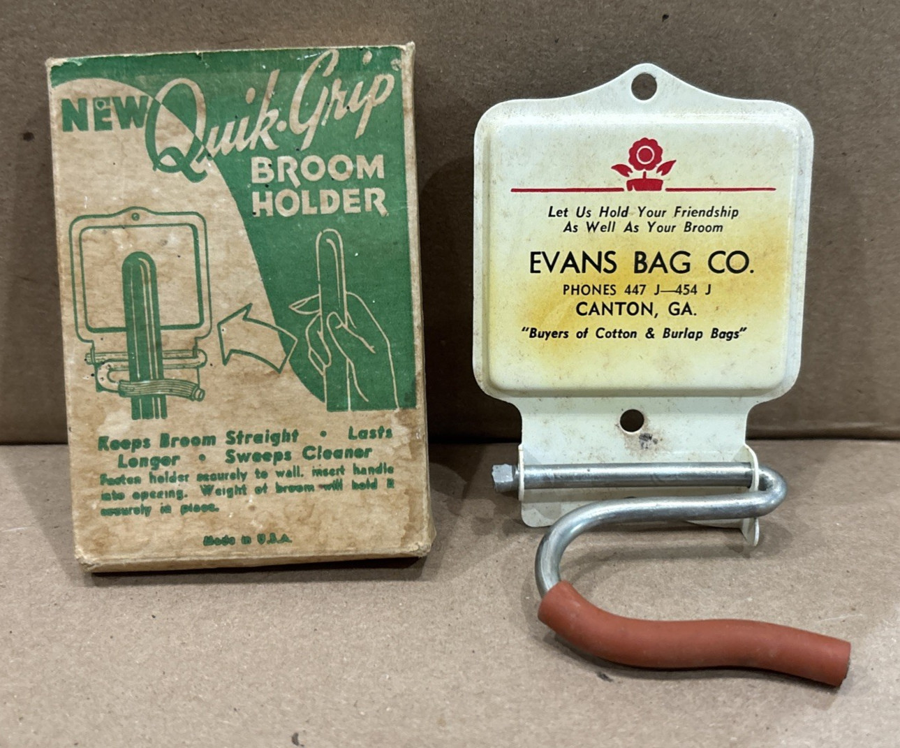 Vtg Metal Advertising Quik-Grip Broom Holder Evans Bag Company NOS Canton Ga
