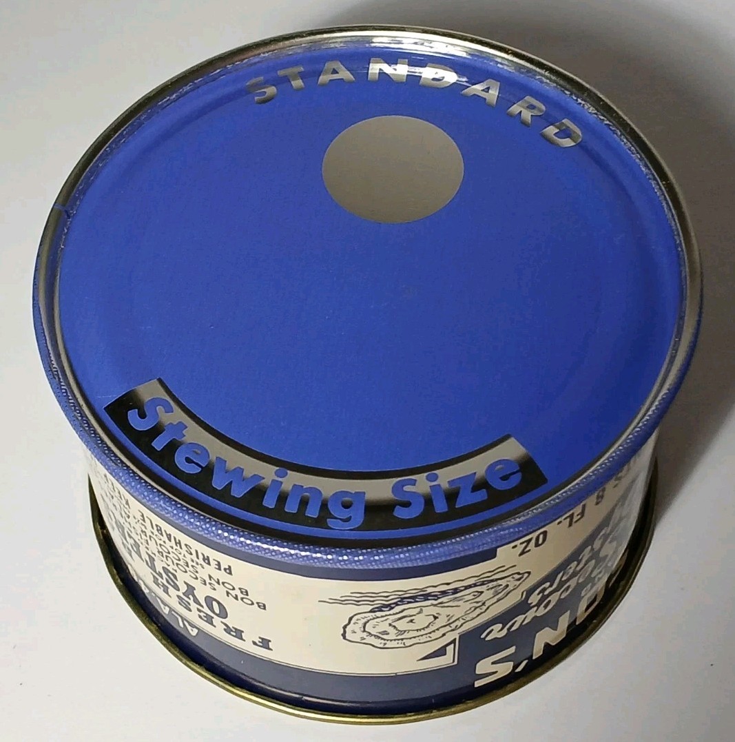 New 1960s Vintage Oyster Can Graphic Tin Can Lid Chef Graphic Bon Secour Alabama