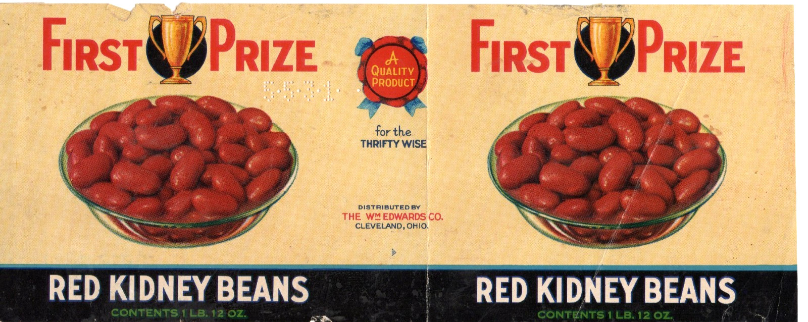 Original FIRST PRIZE red kidney bean can label William Edwards Co Cleveland Ohio