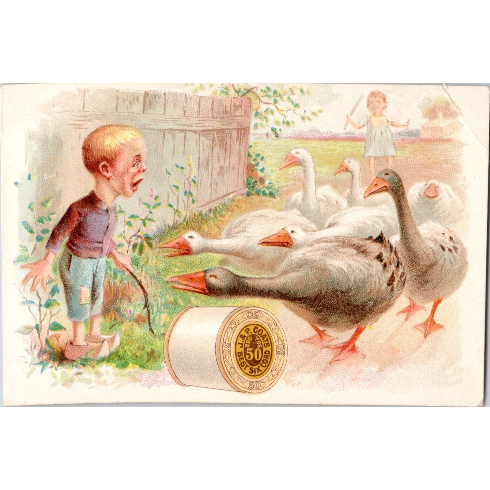 J&P COATS – Six Cord 50 SEWING THREAD – Boy Geese Antique Victorian Trade Card
