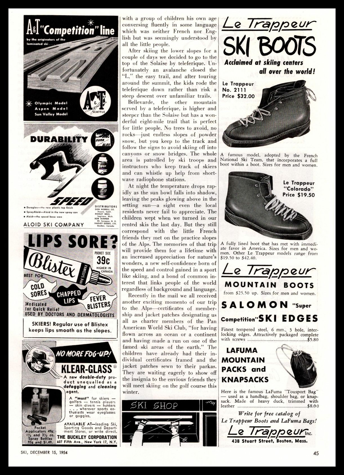 1954 Le Trappeur Mountain Salomon Ski Boot Boston Massachusetts Vintage Print Ad