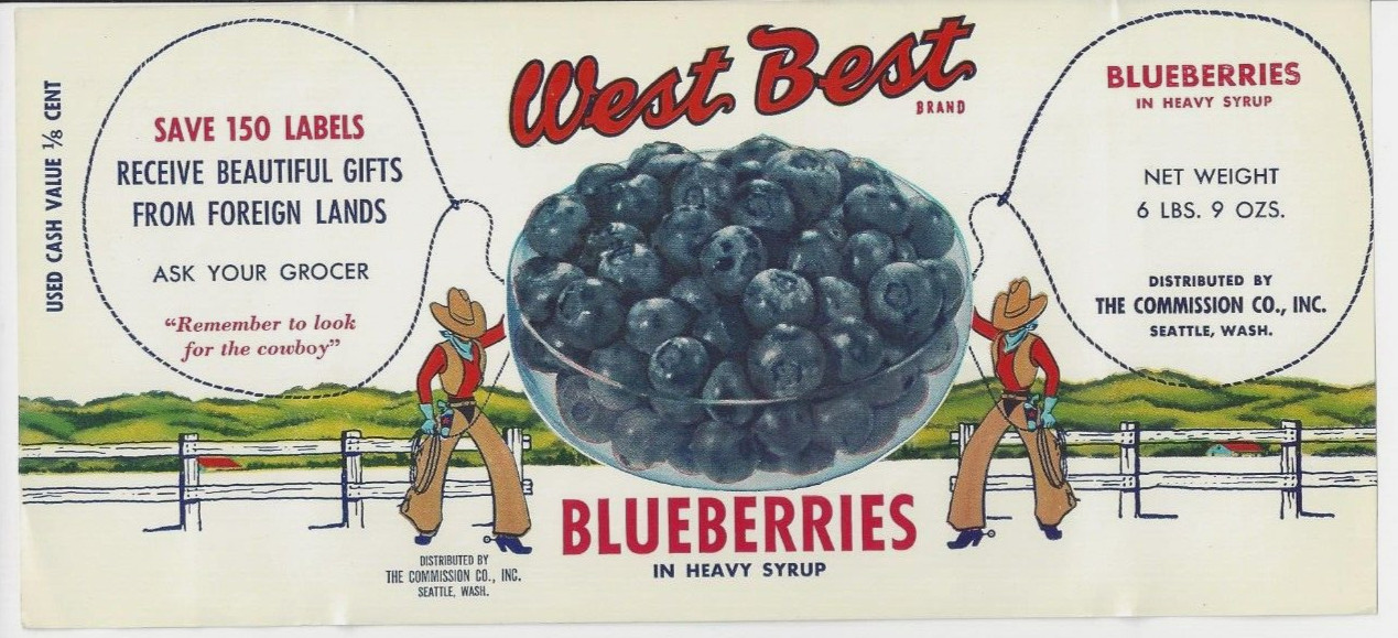Original WEST BEST Blueberry can label Seattle Washington twin cowboys lasso