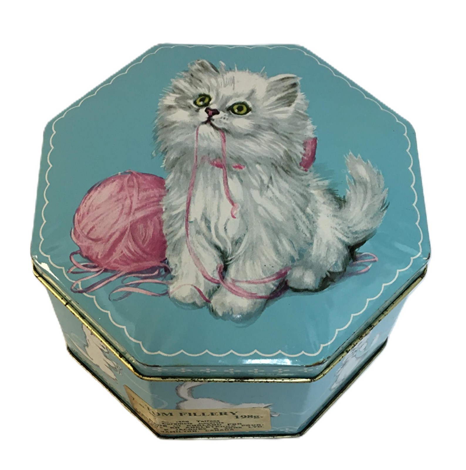Tom Fillery’s Blue Toffee Tin White Kitten With Heart Doily Made in England VTG