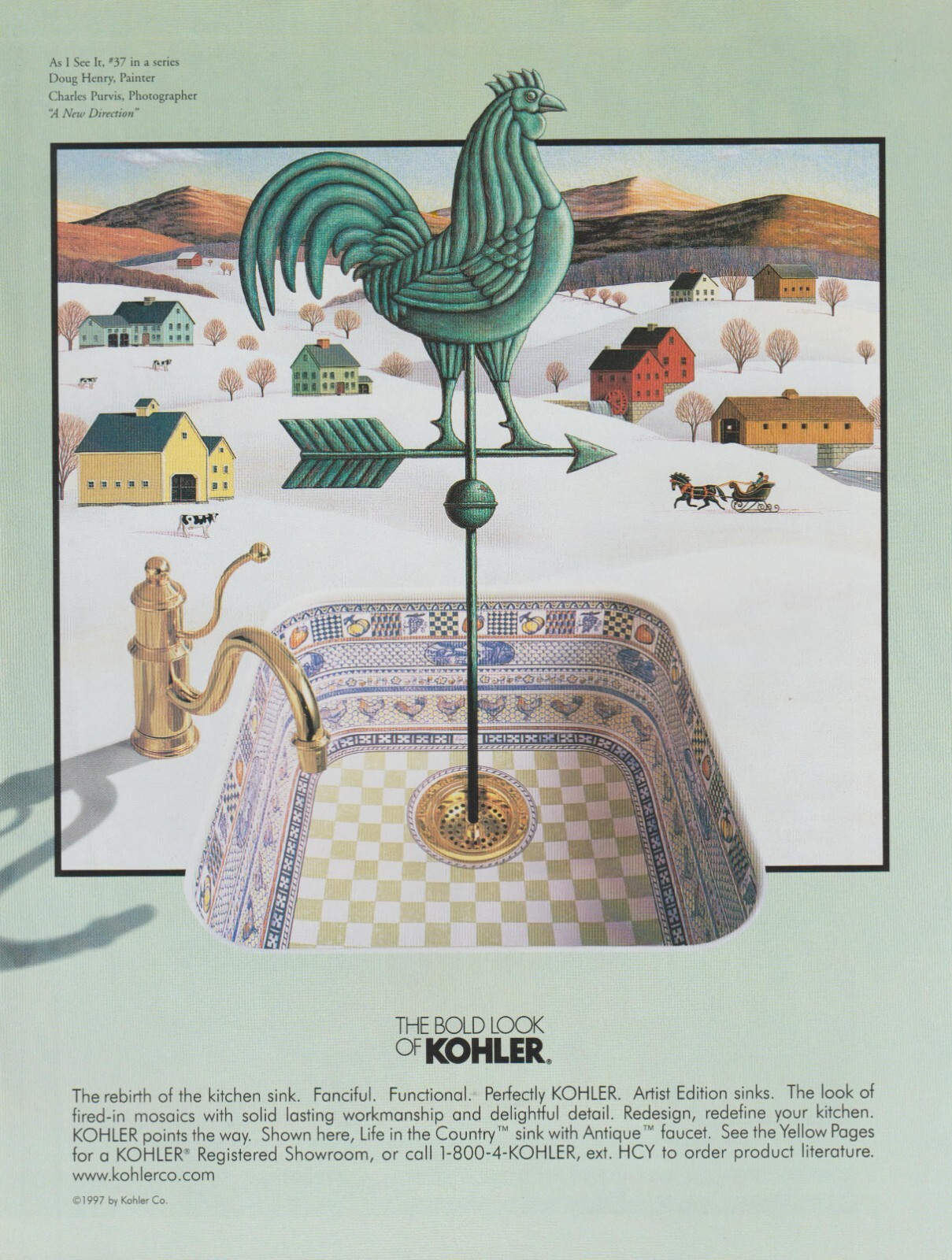 1997 Kohler Plumbing Fixtures – Rooster Weathervane Sink Farm Cow – Print Ad Art