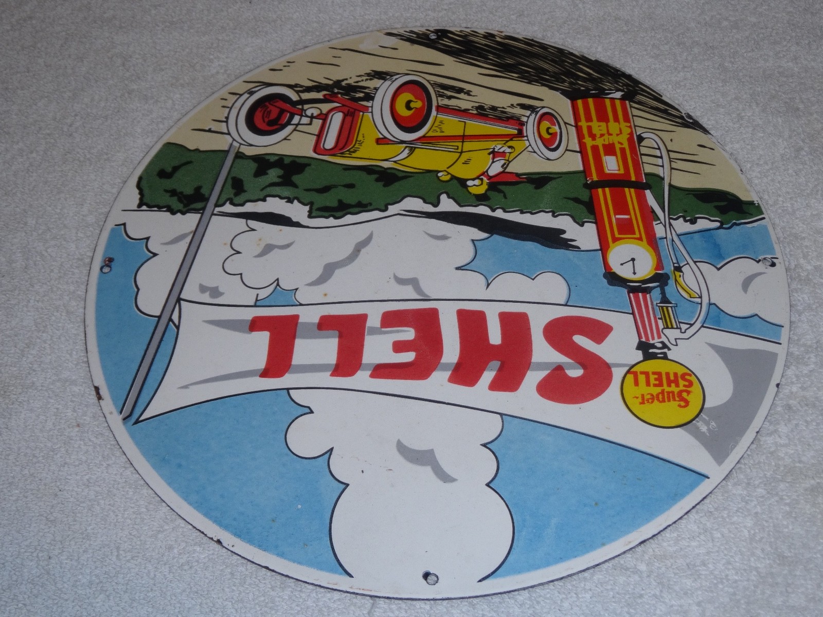 VINTAGE SHELL RACE CAR & VISIBLE GASOLINE PUMP 11 3/4″ PORCELAIN METAL OIL SIGN!