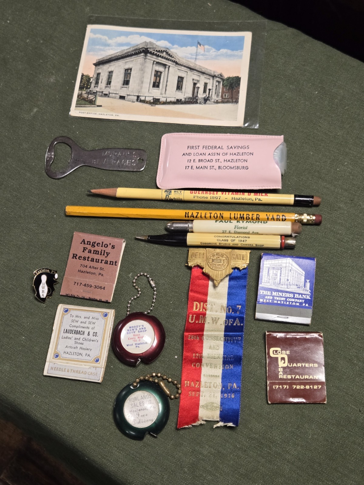 Vintage Hazelton PA Advertising Ribbon Pin Pencil Tape Measure Matchbook Lot