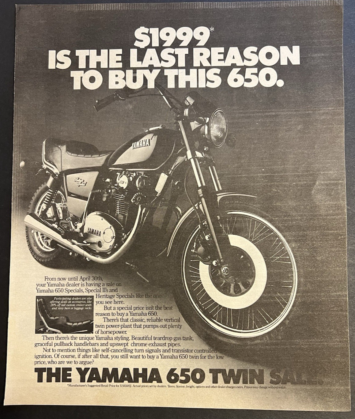 Vtg 1980s AD Yamaha 650 Motorcycle, Bike