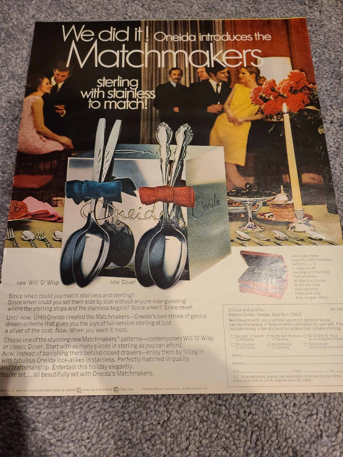 1968 Oneida Vintage Print Ad Matchmakers Sterling With Stainless 10 X 13″