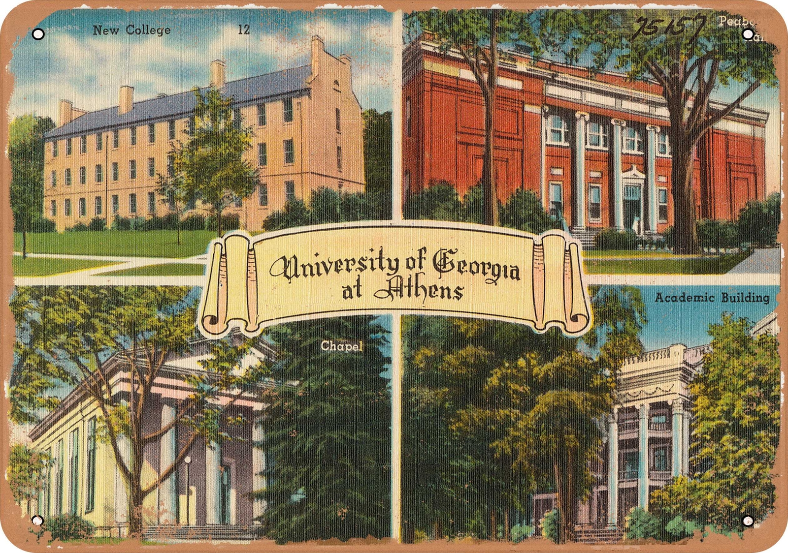METAL SIGN – Georgia Postcard – University of Georgia at Athens — New College,