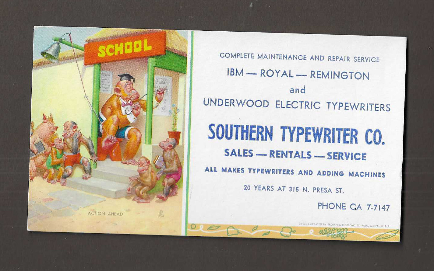 vtg 1940s Blotter Advertising Card SOUTHERN TYPEWRITER ST. PAUL, MINN School A1