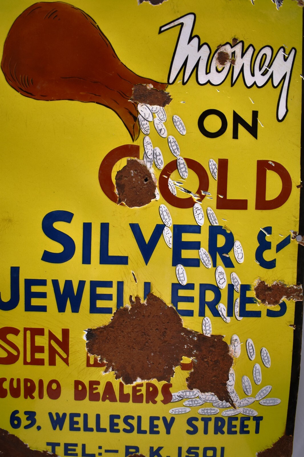 Vintage Porcelain Enamel Sign 30×20 Money on Gold Silver Jewelleries Sen & Co Ca