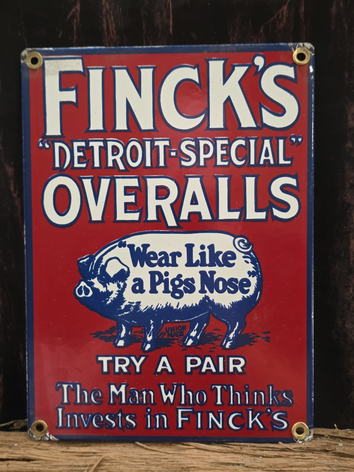 VINTAGE FINCK’S DETROIT-SPECIAL OVERALLS PORCELAIN SIGN ABOUT 9″×7″