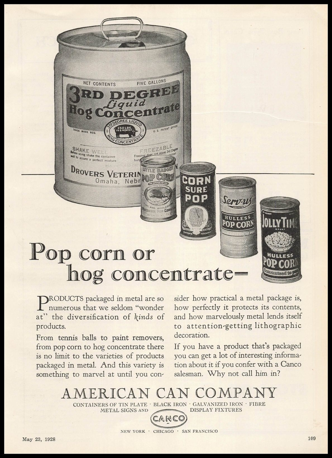 1928 Drovers Veterinary Omaha Nebraska Hog Concentrate American Can Co. Print Ad