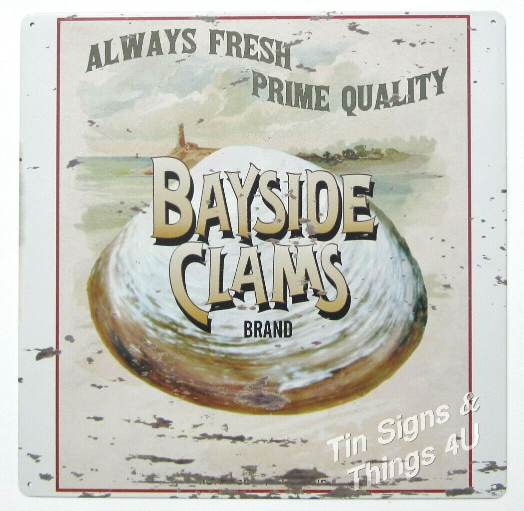 Bayside Clams TIN SIGN vtg seafood coastal nautical metal restaurant bar decor