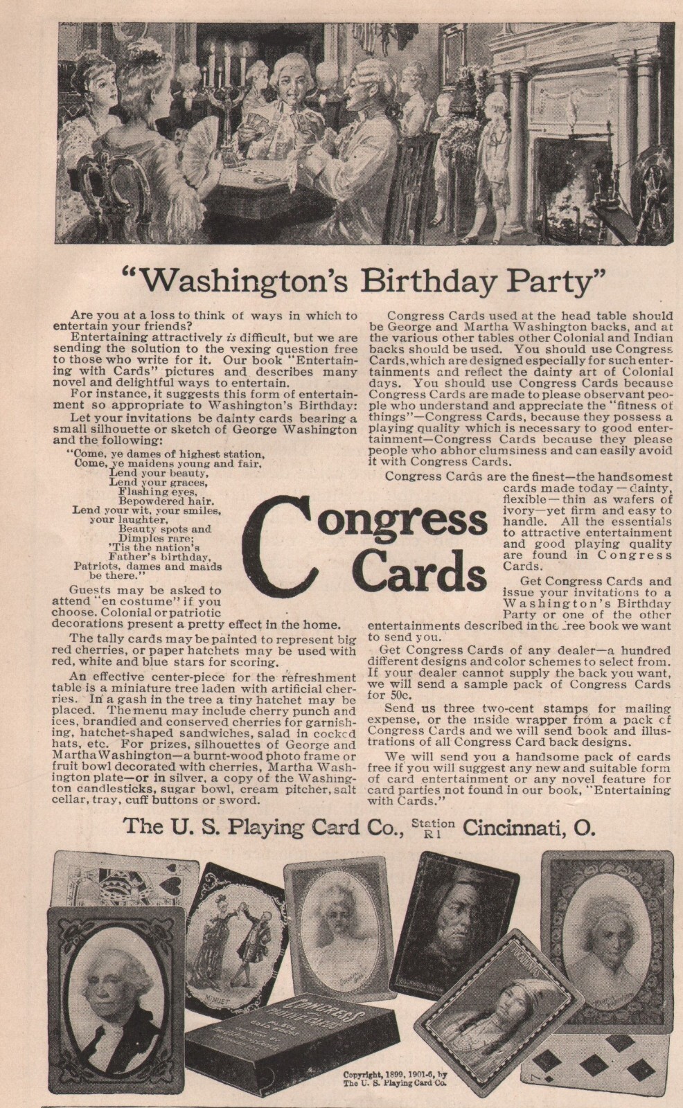 1907 Vintage U.S. PLAYING CARDS Congress Washington’s Birthday Party Print Ad