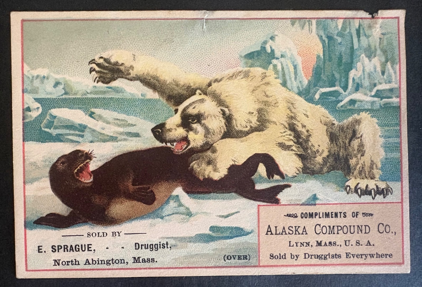 Alaska Compound Co. Lynn, MA E. Sprague North Abington MA Victorian Trade Card