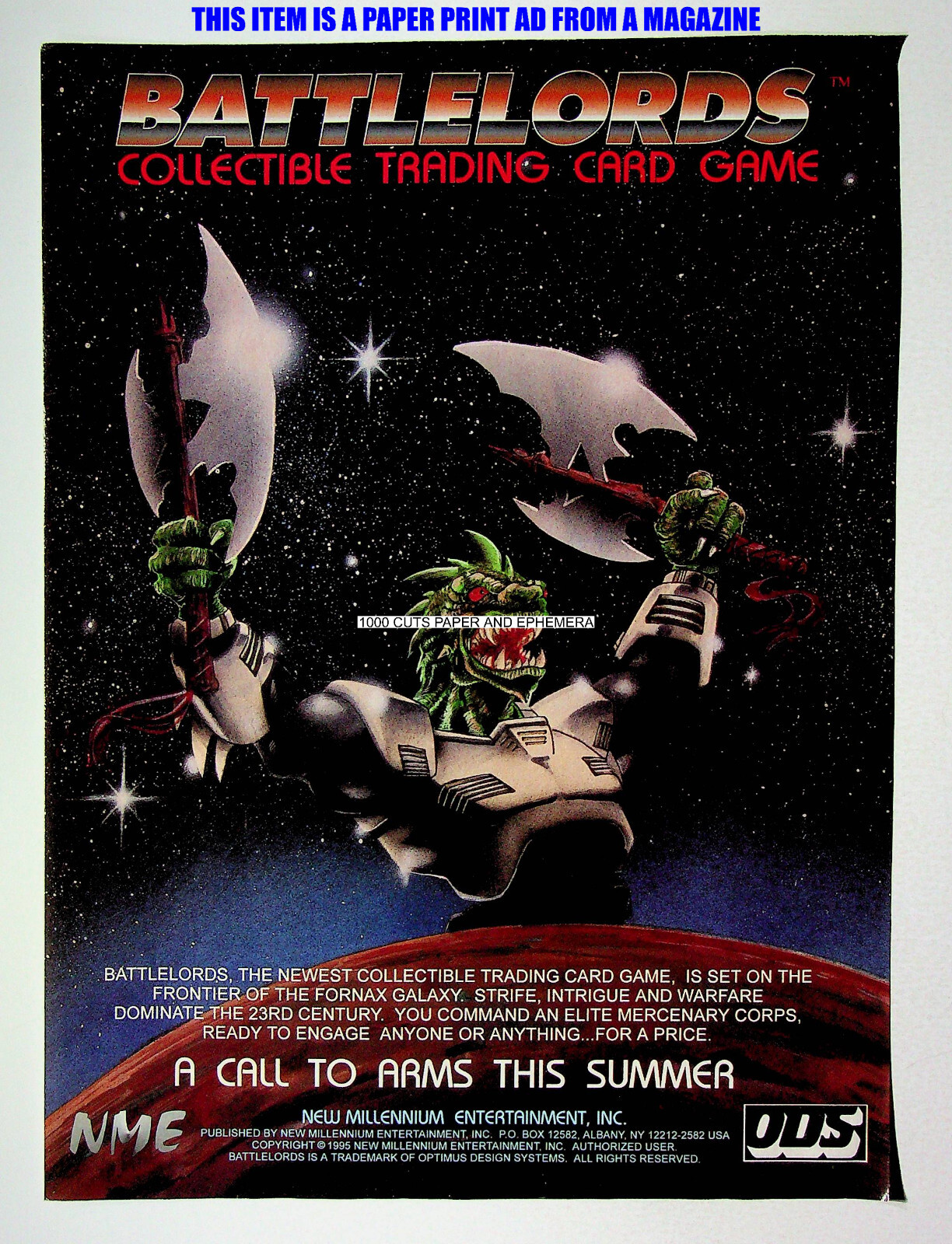 Battlelords CCG Card Game New Millennium Ent 1995 Trade Print Magazine Ad Poster
