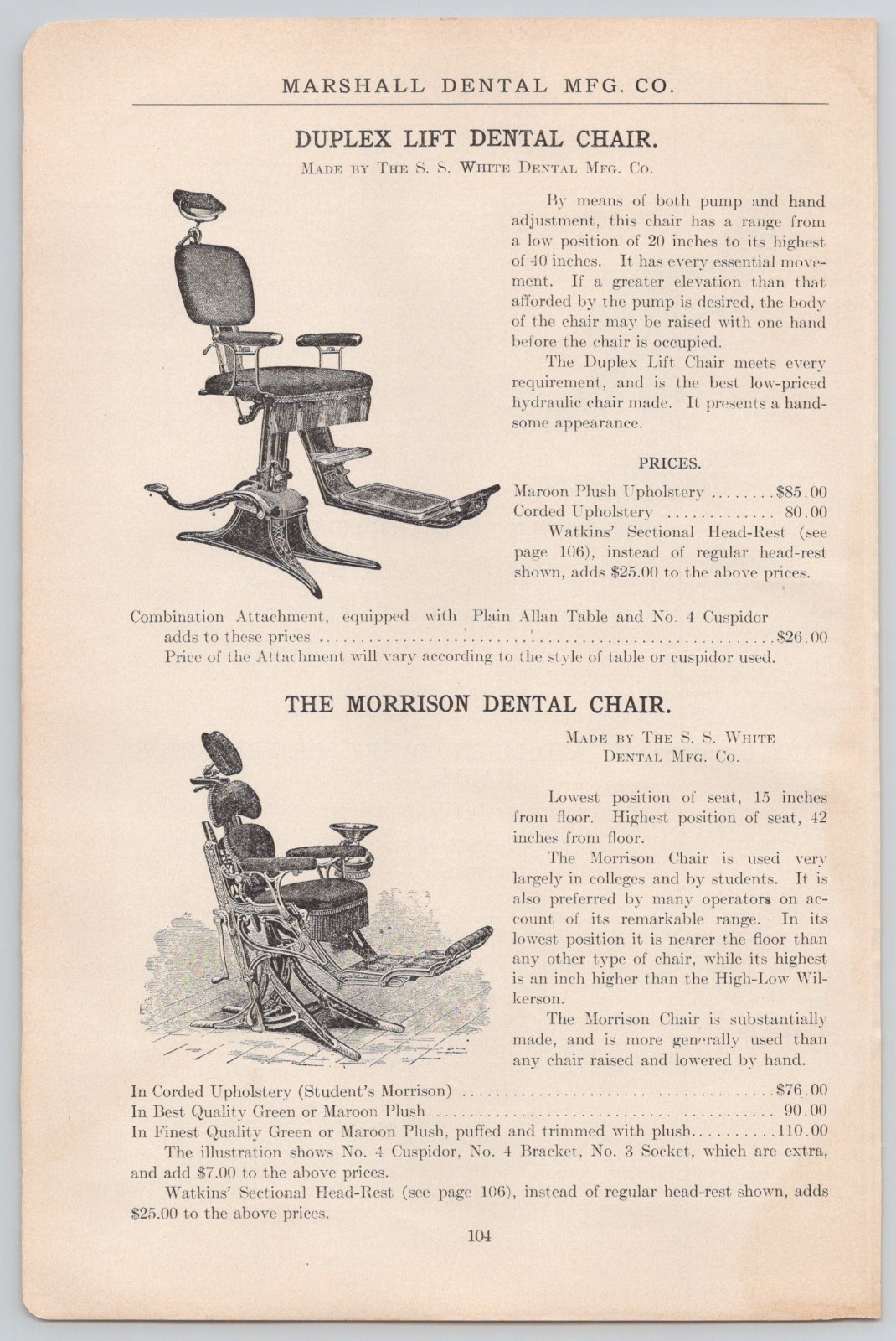 1905 Morrison & Duplex Lift Dental Chair Marshall Dental Mfg Co Print Ad