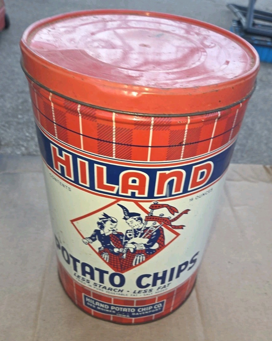 Hiland Potato Chips Advertising Tin Red White Blue Plaid Des Moines Davenport Ia