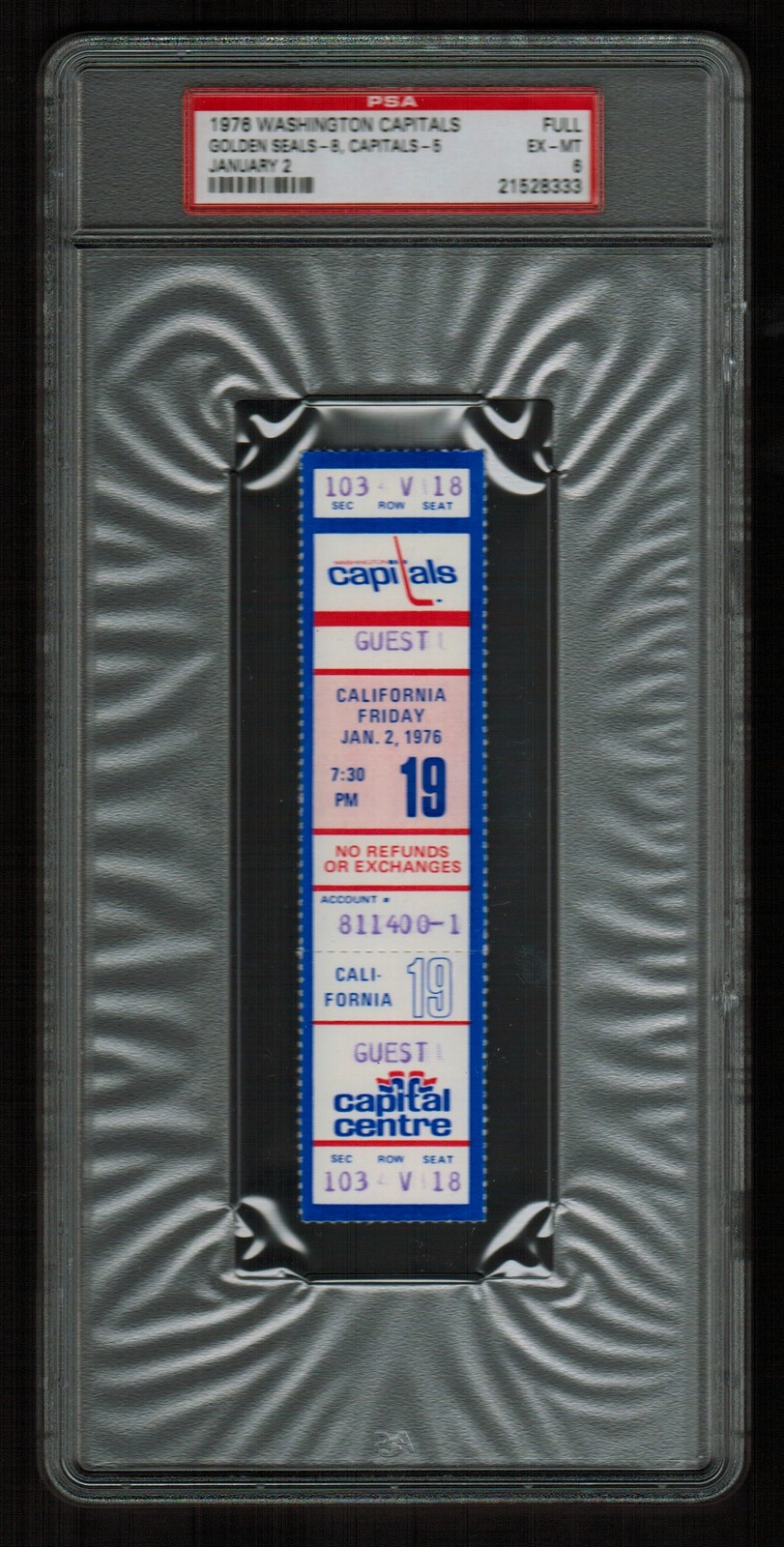 PSA 6 CALIFORNIA GOLDEN SEALS 1976 Unused NHL Hockey Ticket at Capital Centre