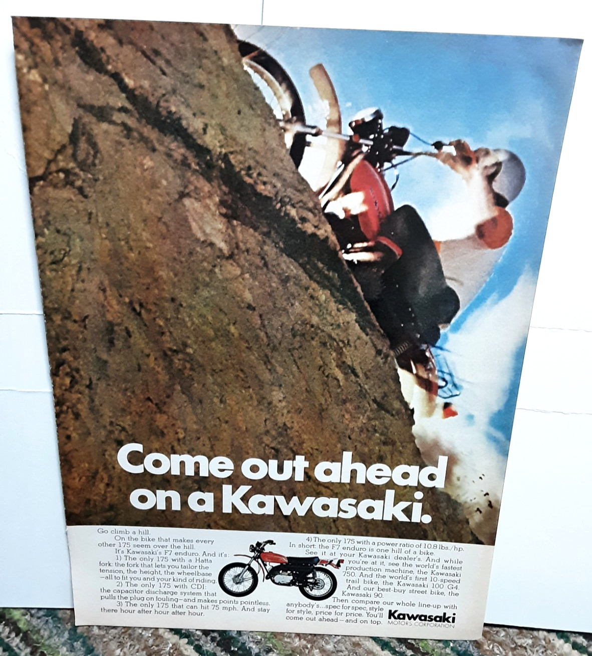 1972 Kawasaki F7 Enduro Motorcycle Print Ad Vintage
