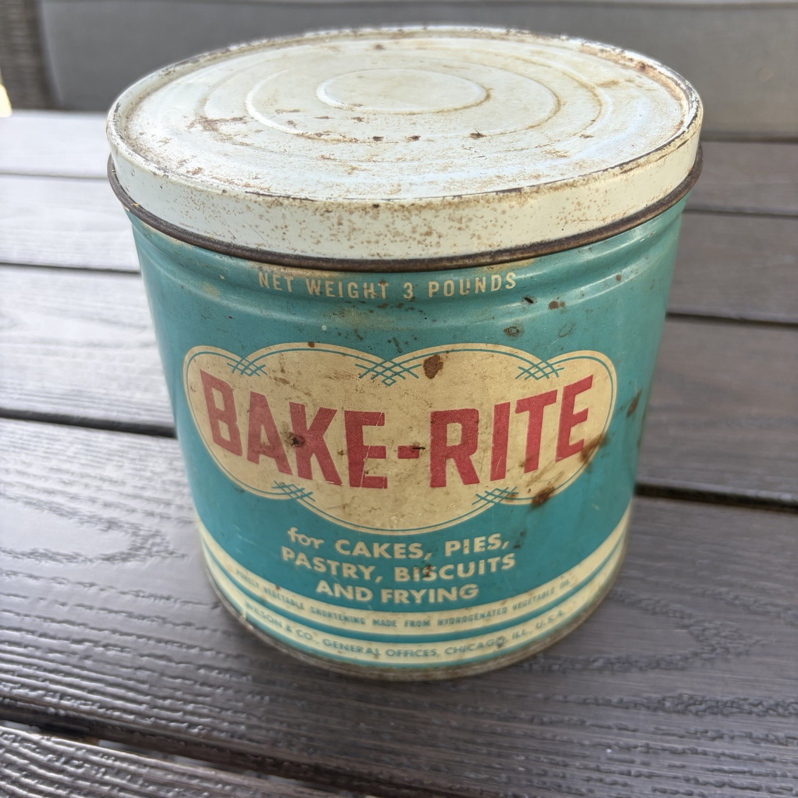 VINTAGE BAKE-RITE 3 LB Shortening Round Tin Can with Lid Aqua Red White