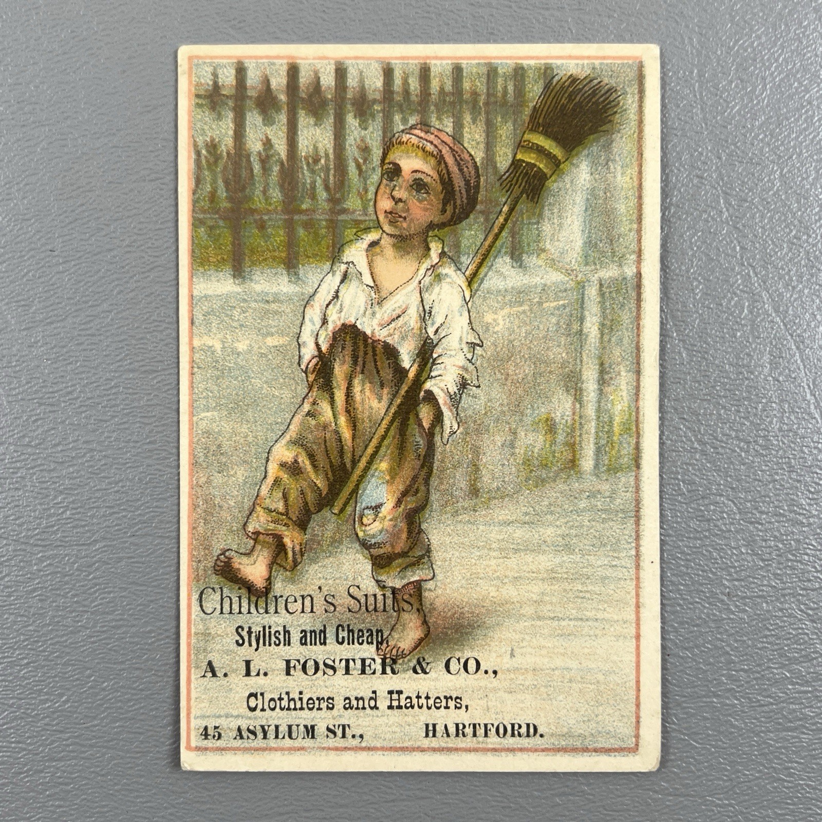 Victorian Trade Card Barefoot Boy Broom Hartford CT AL Foster & Co Clothier