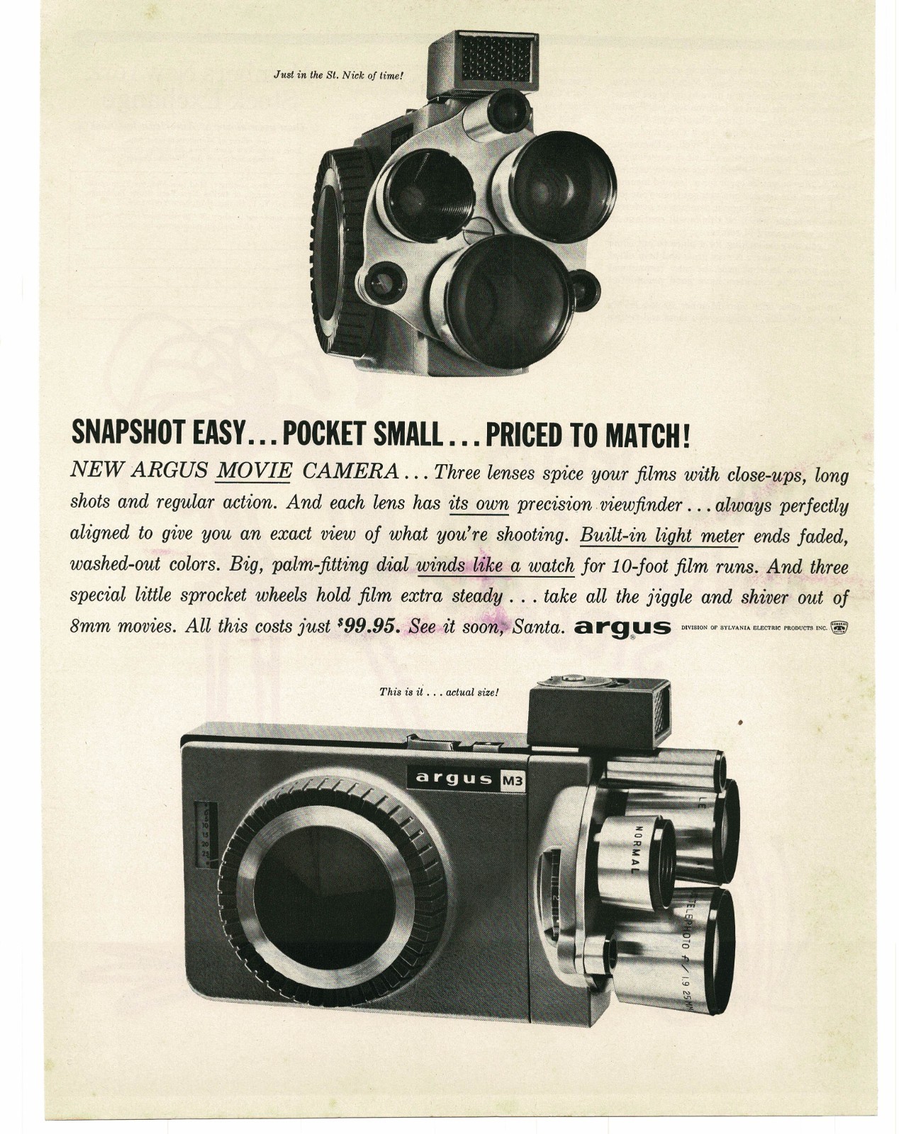 1959 Argus M-3 M3 8mm Movie Camera Vintage Print Ad