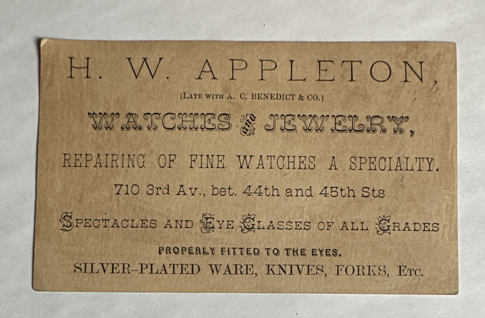 Victorian Jewelers Trade Card HW Appleton Fine Watches Spectacles Silver B19