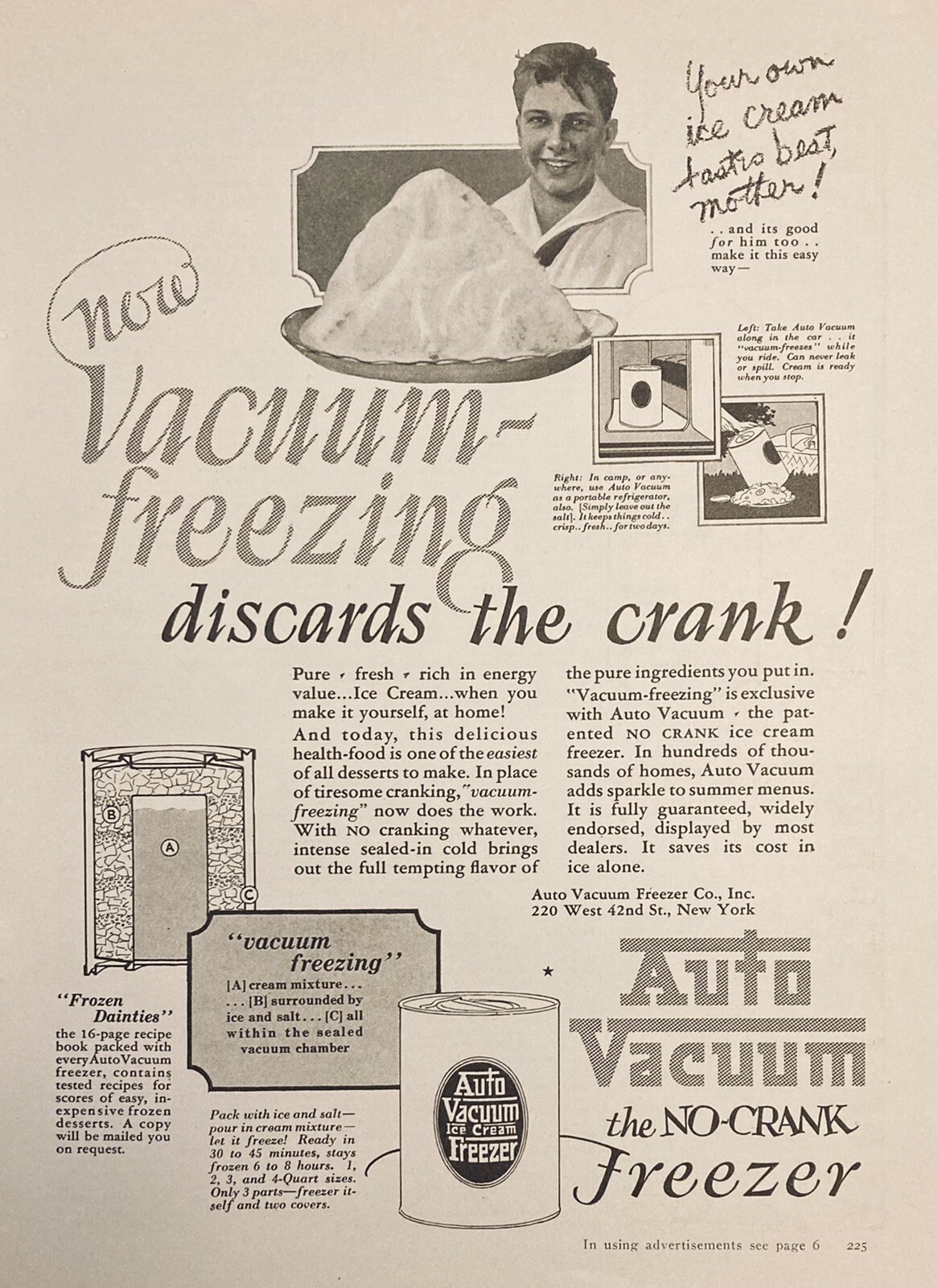 1926 AD(M5)~AUTO VACUUM FREEZER CO. NYC. NO-CRANK ICE CREAM FREEZER