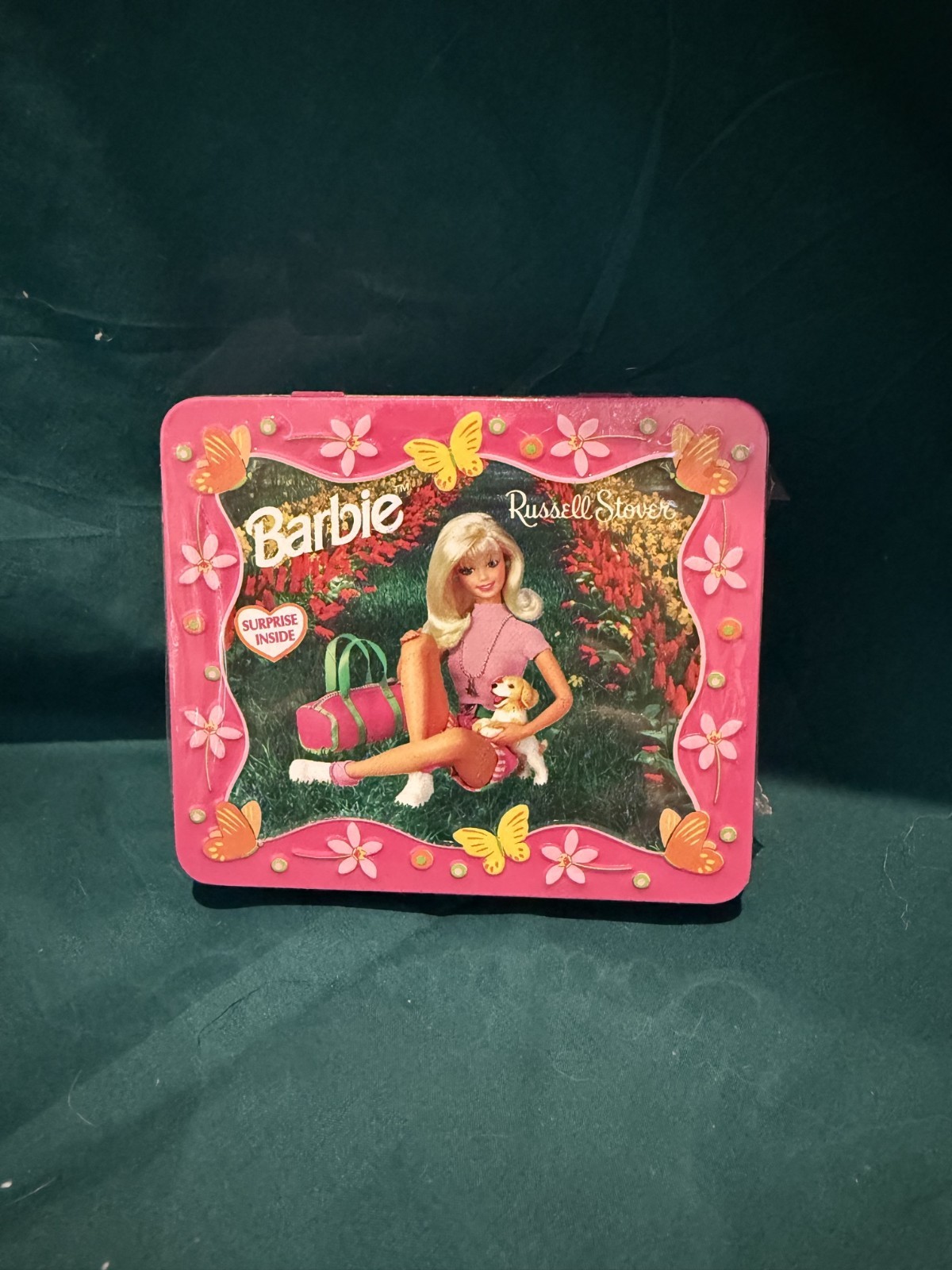 Vtg Barbie Russell Stover Candies Tin Hinged Lid 1998 unopened sealed Do Not Eat