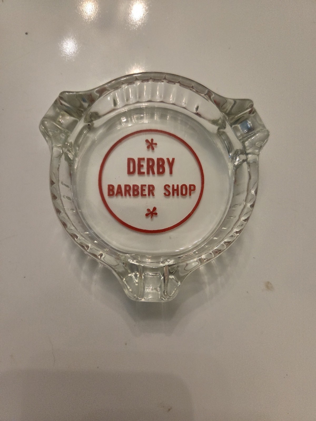 Vintage Derby Barber Shop Glass Ashtray Advertising Collectible