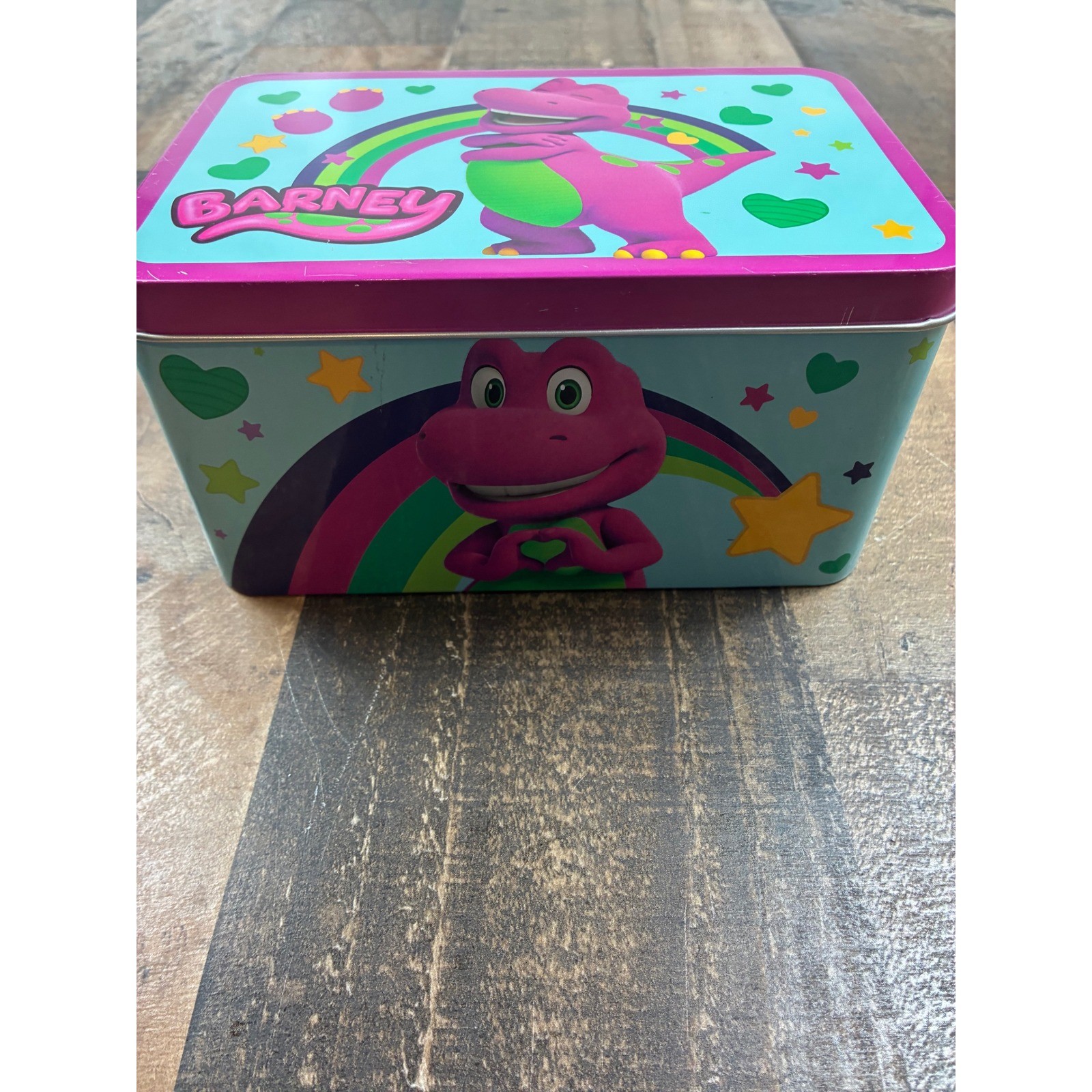 Barney the Dinosaur Metal Storage Tin Collectible Rainbow Friends Teal Purple