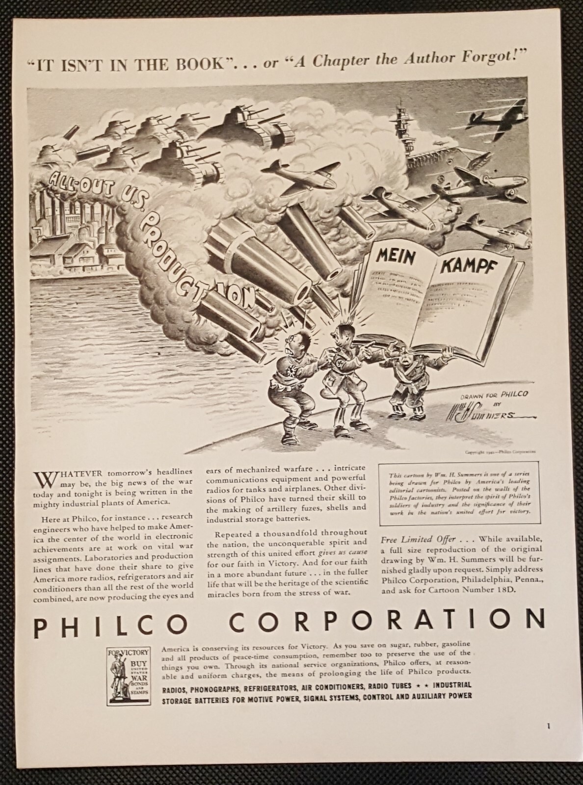 1942 PHILCO CORP AD – WM.H. SUMMERS SKETCH //MEIN KAMPF /